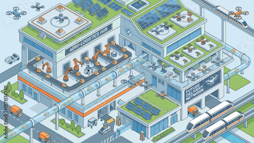 Isometric drone delivery center. Future logistics hub with automated warehouse robots. Smart city transportation. Modern supply chain technology vector. Solar energy infrastructure.