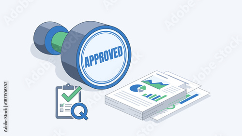 Large blue rubber stamp Approved. Quality control concept. Business document validation. Flat vector illustration. Paperwork charts. Certified agreement. Checklist verification.
