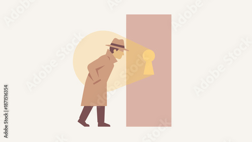 Curious detective looking through keyhole. Spying and privacy concept. Person investigating secret. Mystery and discovery. Peeping Tom. Hidden truth. Flat vector illustration style.