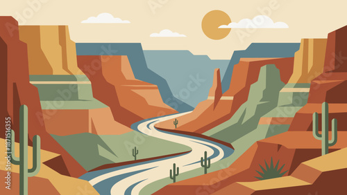 Stylized Grand Canyon landscape background. Flat vector illustration of Arizona desert nature. Colorado river and red rocks. Scenic wild west travel panorama. Cactus graphic art.