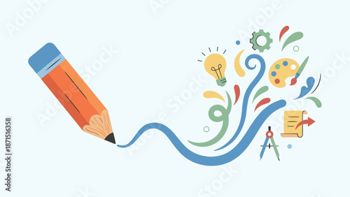 Creative design concept. Pencil drawing flow with lightbulb icon. Innovation, imagination, brainstorming. Flat vector illustration of sketching tool, education, inspiration and art