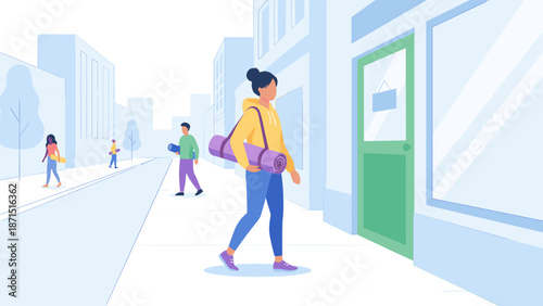 Woman walking to yoga studio with mat. Healthy lifestyle concept. Fitness training gym workout. Active girl going to sport class. Wellness exercise. Flat vector illustration. City