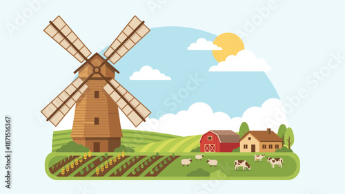 Stylized windmill farm landscape. Traditional agriculture concept. Flat vector illustration. Rural countryside scenery. Red barn house cows sheep. Summer farming fields. Nature harvest.