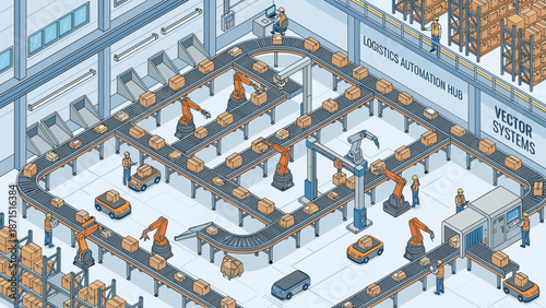 Isometric logistics warehouse automation. Industrial robot arm sorting boxes conveyor belt. Smart factory interior. Distribution center technology. Supply chain management delivery.