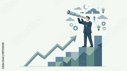 Businessman with telescope on rising graph. Business vision, forecasting success. Financial growth strategy, opportunity search. Leadership profit trend. Market analysis. Future.