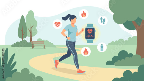 Woman jogging in park with smart watch tracking pulse. Fitness health concept. Active sport runner. Cardio workout. Heart rate monitor technology. Flat vector design illustration