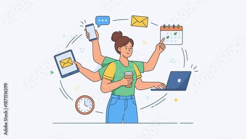 Multitasking woman with six arms juggling tasks. Busy freelancer productivity concept. Time management. Laptop phone calendar email. Efficient employee. Work deadline stress vector.
