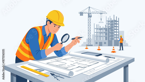 Construction engineer analyzing blueprints. Architect with magnifying glass. Man in hard hat planning. Building site with crane. Flat vector illustration. Industrial design.