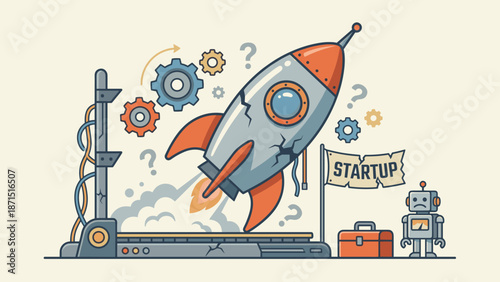 Startup business failure concept. Broken rocket ship crash failing to launch. Technical error problem. Sad robot mechanic. System bug. Risk. Flat cartoon vector design illustration.