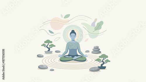 Person meditating in zen garden. Inner peace and tranquility concept. Spiritual balance and harmony. Yoga lotus pose. Mindfulness and mental health wellness. Flat vector illustration