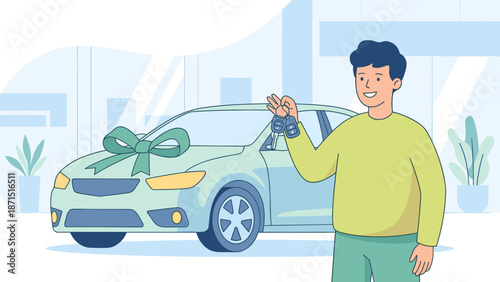 Happy customer holding car keys near new automobile with ribbon. Buying vehicle concept. Dealership showroom background. Auto purchase success. Driver loan. Ownership. Rental. Sale.