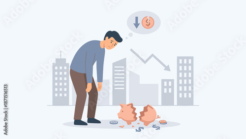 Sad man looking at broken piggy bank. Financial crisis and loss concept. Bankruptcy and debt. Lost savings and poverty. Economic recession. Flat vector illustration design.