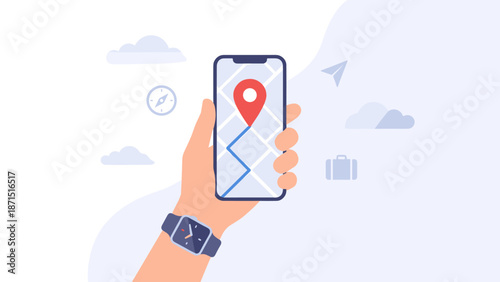 Hand holding smartphone with gps navigation map and red pin. Mobile travel app. Route finder and destination tracking. Smartwatch on wrist. Digital technology. Flat vector design.