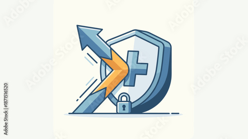 Shield deflecting arrow attack. Security defense concept. Protection symbol blocking threat. Safety resilience icon. Insurance risk management. Cyber security guard. Business protection.