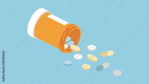 Orange pill bottle spilling medication tablets capsules. Medical pharmacy concept. Healthcare prescription drugs. Vitamins painkillers dose. Medicine container. Treatment cure remedy.