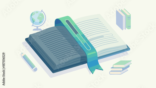 Open book with loading bar bookmark. Reading progress and education concept vector. Isometric study symbol with globe and pencil. Knowledge accumulation and learning process design