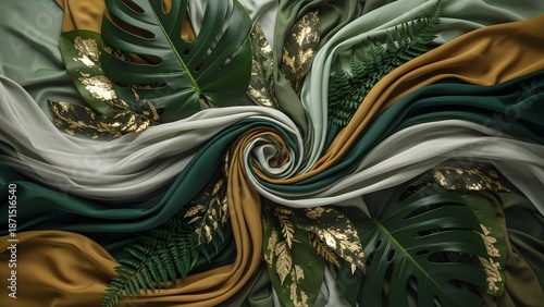 Wallpaper Mural Luxurious Fabric Swirling Around Tropical Leaves with Golden Accents in a Luxuriant Display Torontodigital.ca