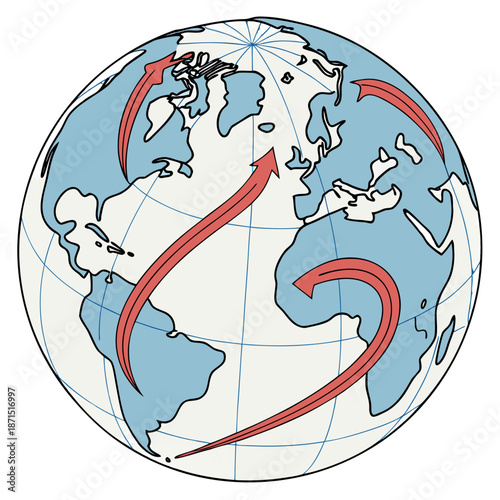 Vector illustration of global circulation patterns on Earth, depicting interconnected atmospheric and oceanic flows vital for environmental and scientific analysis