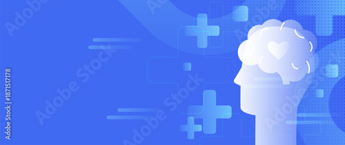 Abstract brain health blue background with transparent crosses shapes and a human head silhouette with heart icon inside brain shape. Therapy, mental health, mindfulness, psychology concept design