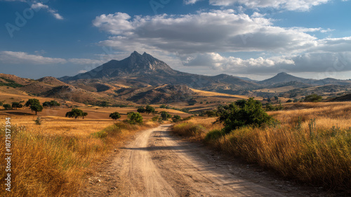 Charming Summer Landscape of a Scenic Dirt Road Leading to Mountains in Andalusia, Spain