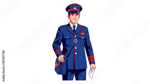 Illustration of a friendly postal worker in uniform, carrying a mailbag and letters