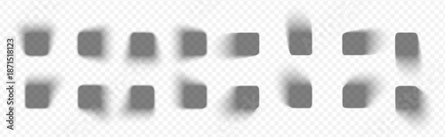 Realistic box shadow effects with soft drop shades create depth for square mockups and rectangular cards. Isolated vector set of 3d black gradients for realistic floor and wall object placement.