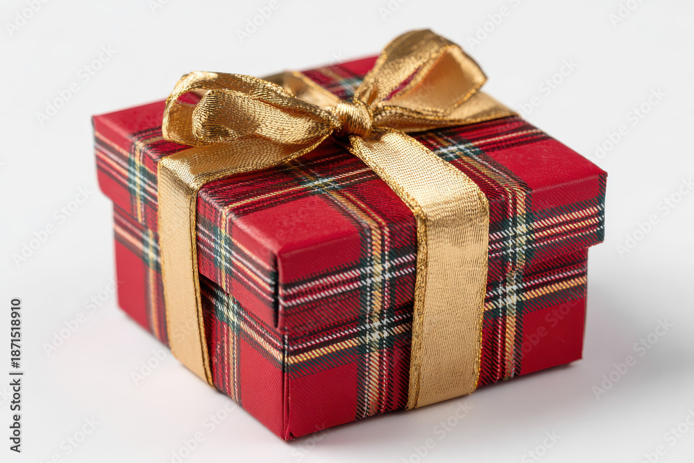 Fototapeta premium Festive Red Plaid Gift Box with Gold Ribbon on White Background Perfect for Holiday Celebrations and Seasonal Promotions