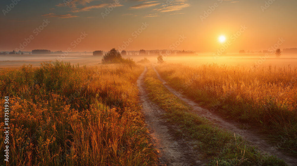 Fototapeta premium Serene Summer Sunrise Over a Foggy Field with a Country Path, Golden Grass, and Wildflowers Leading to the Horizon