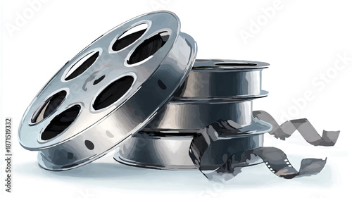 Stacked Film Reels with Loose Film Strip on White

