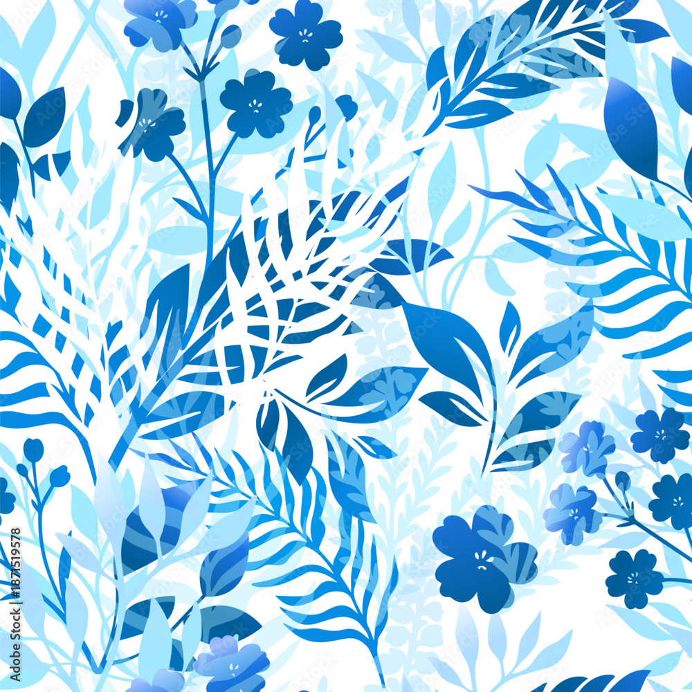 Fototapeta premium light blue seamless floral pattern. Hand drawn. Not AI, vector illustration.