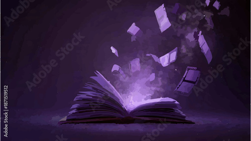 Open Book Emits Light with Floating Pages and Butterflies

