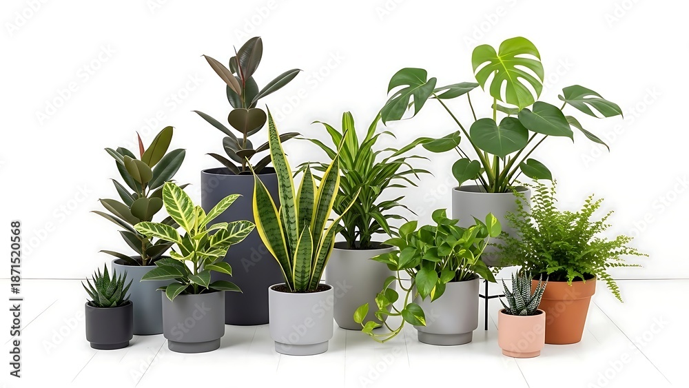 Fototapeta premium Diverse Indoor Plant Collection in Mixed Pots on White Background