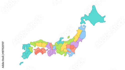 Colorful Map of Japan Divided into Regions. Vector Illustration. EPS Editable
