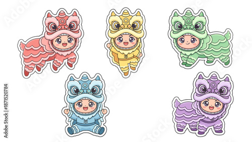 Cute Chinese Lion Dance Kids Stickers Set. Lunar New Year  Vector Illustration. EPS Editable