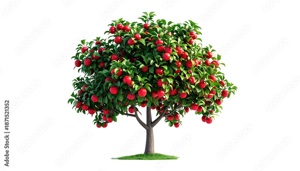 Obraz premium Digitally rendered apple tree, laden with bright red fruit and dense green foliage. Isolated on black