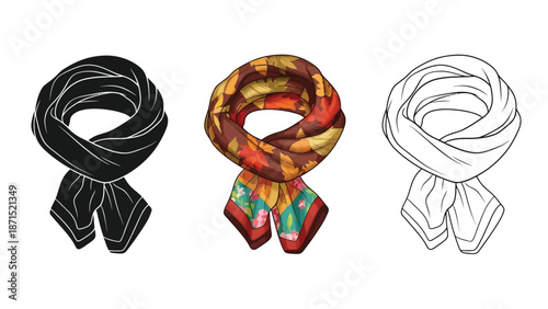 Winter scarf trio in colorful black and outline styles representing fashion warmth and seasonal clothing design set