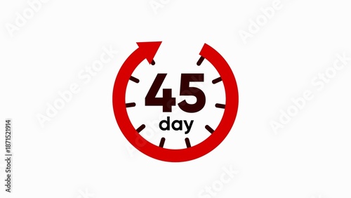 Red clock with 45 day text on white background timer countdown circular arrow