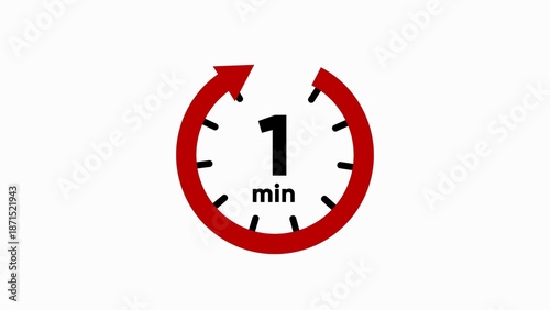 Red clock with one minute and circular arrows timer white background