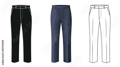 Pants design set in black denim and outline styles representing fashion clothing casual wear and modern apparel illustration