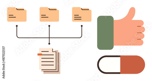 Organization, data management, workflow systems, approval processes, pharmaceutical concepts, productivity. Folders, documents a thumb up and a capsule. Organization and data management concept