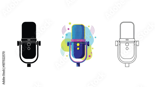 Microphone icon set in black colorful and outline styles representing podcast broadcasting recording and voice communication