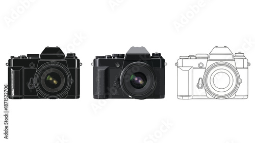 Digital camera set in black colorful and outline styles representing photography equipment professional shooting and media creation