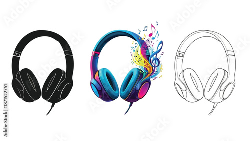 Headphones set in black colorful and outline styles representing music audio technology entertainment and modern listening