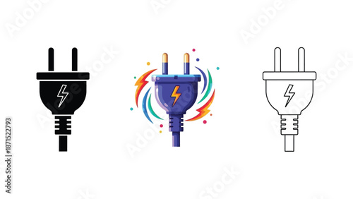Electric plug icons in black colorful and outline styles representing electricity charging and modern power connection