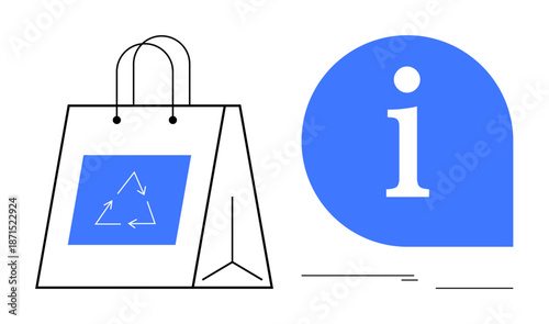 Reusable shopping bag with recycling logo and blue info icon promoting sustainability. Ideal for eco-awareness, green living, waste reduction, sustainable shopping, environmental education