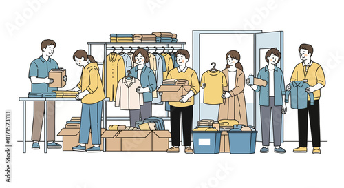 Warehouse workers organizing and packing boxes and clothing.