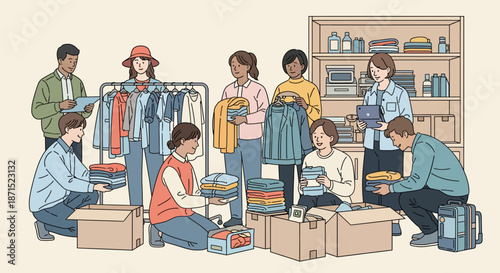 Volunteers sorting donations at a charity thrift store.