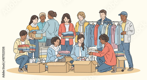 Group of people sorting and packing clothing donations for charity.