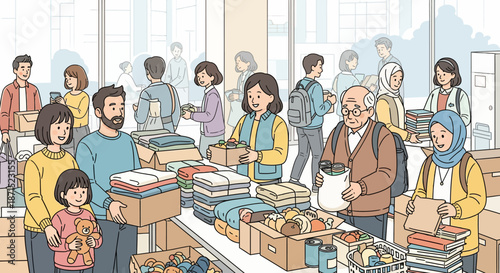 Volunteers sorting donations at a charity event.