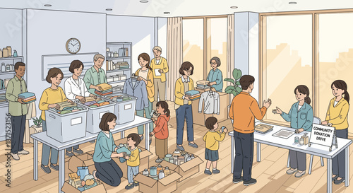 Volunteers sorting and packing donations in a community center.